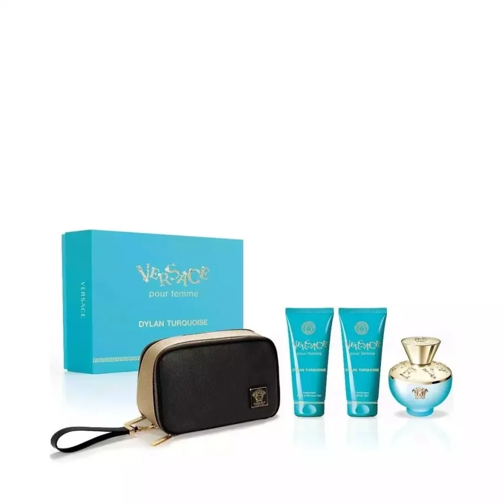 Versace Dylan Turquoise Gift Set (EDT 100 ML + Perfumed Bath & Shower Gel 100 ML + Perfumed Body Gel 100 ML + Black & Gold Travel Beauty) - Parcos Luxezine